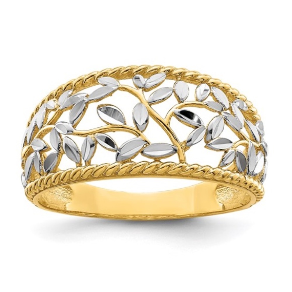 14 karat white and yellow gold diamond cut filigree leaf ring